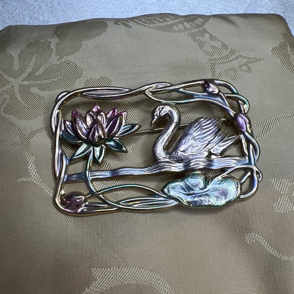 Beautiful Antique Brass And Enamel Swan Lili Pin Large